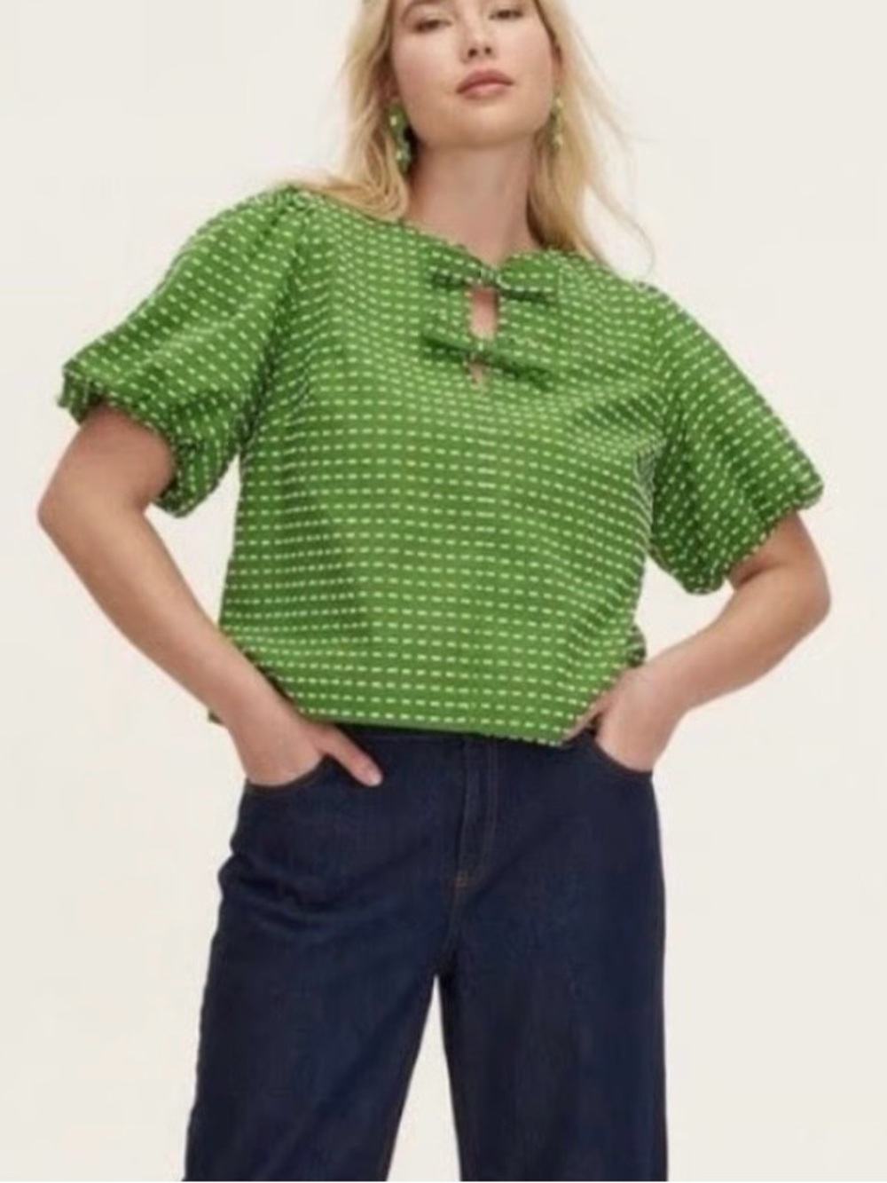 NWT kate spade Green Dot Tie-Neck Puff Sleeve Top Sz XS